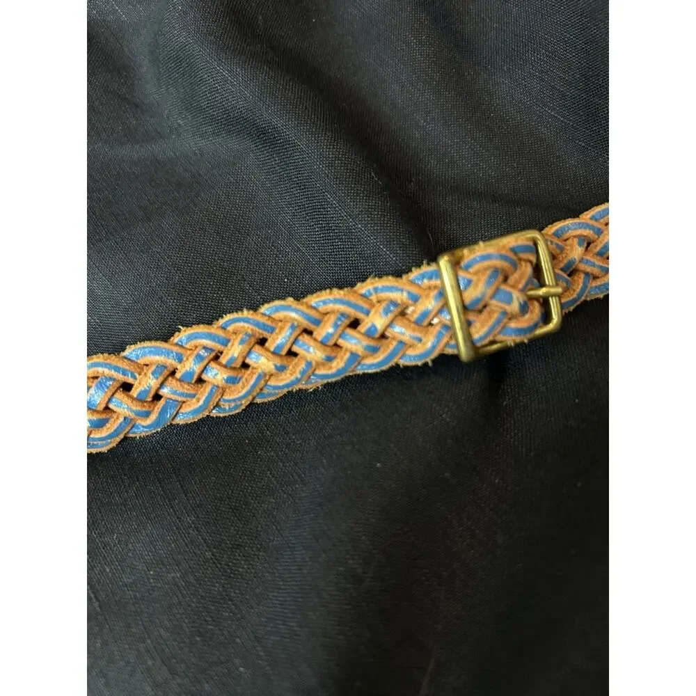 Skinny Braided Brown Leather Belt with Blue Trim, Size M/L